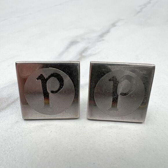 Silver Tone P Initial Letter Square Cufflinks - Picture 1 of 5